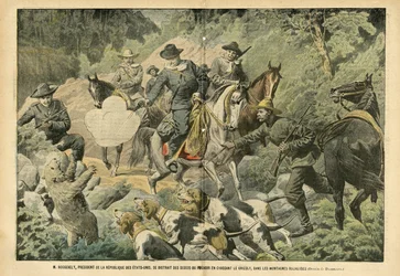 Illustratie van Eugene Damblans (1865-1945) in Le Pelerin, 02/07/05 - Roosevelt, president van de Verenigde Staten, afgeleid van de zorgen van de macht door het jagen op grizzlyberen in de Rocky Mountains - Amerika USA, Jacht USA, Rocky Mountains - Hond, B