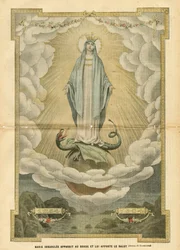 Illustratie van Eugene Damblans (1865-1945) in Le Pelerin, 04/12/04 - Maria immaculata verschijnt aan de wereld en brengt verlossing - Religie Geloof, Katholiek Katholicisme - Onbevlekte ontvangenis - Maria, Draak - Wolken - Aarde