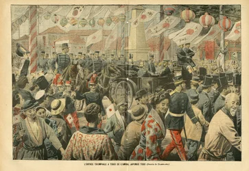 Illustratie van Eugene Damblans (1865-1945) in Le Pelerin, 05/11/05 - De triomfantelijke intocht in Tokio van de Japanse admiraal Togo - Leger, Japan, Menigte, Tokio - Admiraal Admiralen, Togo Heihachiro (1848-1934), Burgers