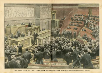 Illustratie van Eugene Damblans (1865-1945) in Le Pelerin, 06/11/04 - Na het beledigen van de paus en het kruis, beledigde M. Combes M. Ribot die van het podium afdaalde, toegejuicht door tweederde van de afgevaardigden - Kamer van Afgevaardigden, Gevechte