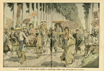 Illustratie van Eugene Damblans (1865-1945) in Le Pelerin, 09/04/05 - Door een vijftig kilometer lange laan van pijnbomen gaan Japanse pelgrims naar Nikko, hun heilige stad - Religie Geloof, Japan, Mode, Boom, Nikko - Pelgrimages