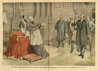 Illustratie van Eugene Damblans (1865-1945) in Le Pelerin, 09/12/06 - Mgr de bisschop van Nantes stopt bij de drempel van de kapel van het sacrament. Ambtenaren die een inventaris maken van zijn kathedraal. - Religie Geloof, Interne Architectuur, Kerken Ka