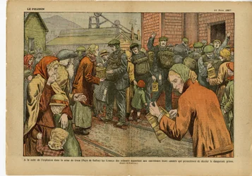 Illustratie van Eugene Damblans (1865-1945) in Le Pelerin, 20/03/27 - Na de explosie in de mijn... de vrouwen van de mijnwerkers brengen hun kanaries naar de reddingswerkers die het gevaarlijke mijngas kunnen detecteren - Engeland Groot-Brittannië, Mijnbou