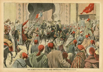 Illustratie van Eugene Damblans (1865-1945) in Le Pelerin, 20/10/07 - Plechtige entree in het Palais de Rabat door Mr. Regnault, Minister van Frankrijk in Marokko - Kolonisatie Kolonialisme Kolonies, Architectuur Stedelijke Planning, Marokko, Officieel Bez