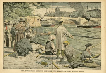 Illustratie van Eugene Damblans (1865-1945) in Le Pelerin, 23/06/05 - In de zomer overspoelen veel Parijzenaars de oevers van de Seine en gooien hun lijn uit en... vangen niets