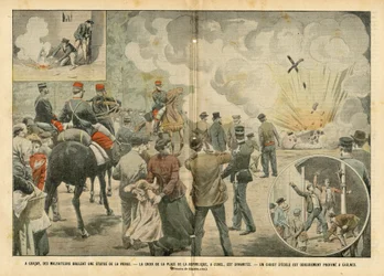Illustratie van Eugene Damblans (1865-1945) in Le Pelerin, 25/09/04 - In Gracay verbranden criminelen een standbeeld van de maagd - Het beeld van de Place de la Republique wordt opgeblazen, een Christus van school wordt schandelijk ontheiligd in Caulnes - 