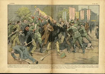 Illustratie door Eugène Damblans (1865-1945) in Le Pèlerin, 27/06/37 - Het hakenkruis tegen het kruis van Christus in Hitler-Duitsland - Duitsland, Pruisen, religie, geloof, menigte, strijd, rechtzetting, hakenkruis, christelijk kruis, katholiek