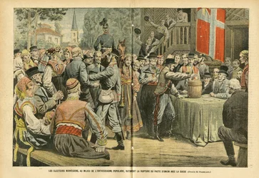 Illustratie van Eugene Damblans (1865-1945) in Le Pelerin, 27/08/05 - De Noorse verkiezingen, te midden van populaire enthousiasme, bekrachtigen de breuk van het uniepact met Zweden - Verkiezingen, Stedelijke Architectuur, Menigte, Zweden, Noorwegen - Urn