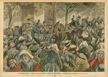 Illustratie van Eugene Damblans (1865-1945) in Le Pelerin, 27/10/07 - Vervolging gaat door in Finistère, de pastoors van hun pastorie worden verdreven te midden van algemene emotie - Religie, Bretagne, Menigte, Katholicisme, Finistère