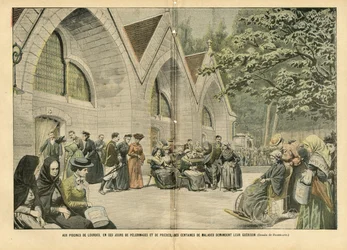 Illustratie van Eugene Damblans (1865-1945) in Le Pelerin, 28/08/04 - Bij de baden van Lourdes, in deze dagen van pelgrimages en gebeden, vragen honderden patiënten om hun oorlog - Medisch, Religie Geloof, Architectuur Stedelijke Planning, Katholiek Kathol