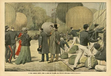 Illustratie van Eugene Damblans (1865-1945) in Le Pelerin, 29/10/05 - Koningin Ranavalo woont, in de Tuilerieën Tuin, het Aero-Club feest bij - Ballonnen luchtschepen zeppelins aerostation, Parijs, Madagaskar, Openbare Tuin, Buitenlandse Vorsten, Tuilerieë