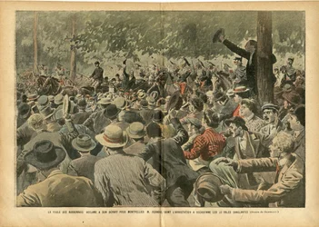 Illustratie van Eugène Damblans (1865-1945) in Le Pèlerin, 30/06/07 - De menigte uit de Narbonnais juicht de man uit Montpellier, M. Ferroul, toe, wiens arrestatie bloedige dagen veroorzaakte - Maatschappij, wijn, wijncrisis, wijnboerenopstand, Narbonne