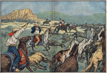 Mexicaanse boeren schieten wilde paarden om voedseltekorten in hun land te voorkomen. El Paso Plains, Mexico. Illustratie van Damblans. In "Le Pèlerin" van 6 oktober