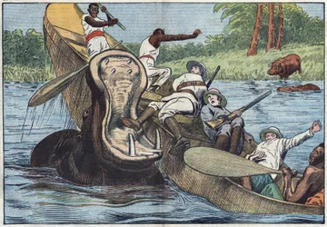 Op het Victoriameer, Afrika, wordt een boot met Anglicaanse missionarissen en inboorlingen gekapseisd door een gewonde nijlpaard. Illustratie van Damblans. In 