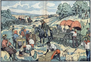 Bevolkingsmigratie in Afrika: 2000 Boeren verlaten de Portugese kolonie Angola per wagen naar de vruchtbaardere gebieden van Zuid-Afrika. Illustratie van Damblans in 