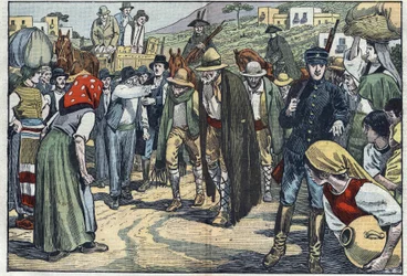 Rovers gearresteerd door de Italiaanse fascistische politie. Sicilië, Italië. Illustratie van Damblans. In 