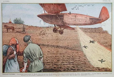Zaad zaaien vanuit een vliegtuig in Sovjet-Rusland, illustratie voor 