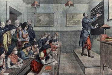 De eerste klas in het Frans in Elzas is heroverd. Illustratie van Damblans. In "Le Pelerin" van 1914.