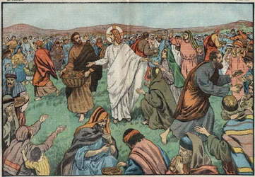 De vermenigvuldiging van broden: aan de oevers van het Meer van Tiberias, Jezus Christus (Jezus Christus) verzadigde de bevolking door vijf gerstebroden en twee vissen te vermenigvuldigen. Illustratie van Damblans. In "Le Pèlerin" van 18 maart