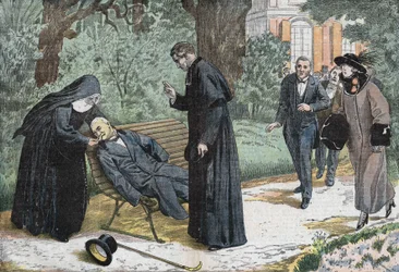 Théophile Delcassé (1852-1923), een Franse politicus stierf aan een embolie in de tuin van het bisschoppelijk paleis in Nice in 1923. Tekening van Damblans.