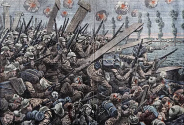 Oorlog 1914-1918. Front van België 1914. Duitse soldaten aan de IJzer. Tekening door Damblans.