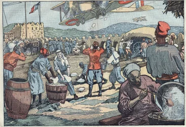 Oorlog in Marokko: Franse vliegtuigen bevoorraden een blokhuis belegerd door dissidente Marokkanen met ijs. Illustratie van Damblans. In 