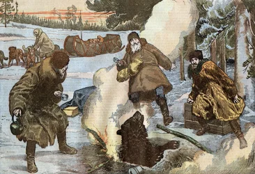 missionarissen bereiden thee terwijl een beer plotseling uit het ijs verschijnt, illustratie uit "Le Pelerin"
