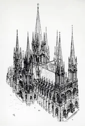 Isometrisch uitzicht van ideale kathedraal, tekening door Eugene Emmanuel Viollet-le-Duc (1814-1879) uit Woordenboek van Franse Architectuur van de 11e tot de 16e Eeuw
