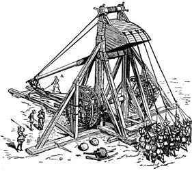 Reconstructie van een enorme katapult van het type tegengewichttrebuchet, mangonneau genoemd