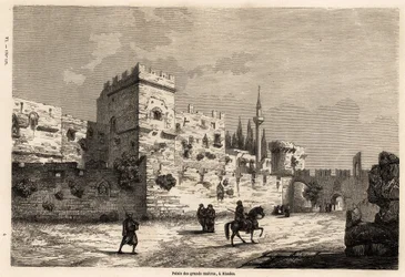 Het paleis van de grote meesters in Rhodos, tekening door Eugene Flandin, ter illustratie van zijn reis naar het eiland Rhodos in 1844. Gravure in "Le tour du monde", uitgegeven door Edouard Charton