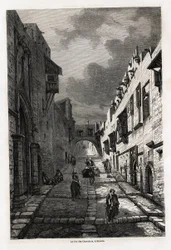 De rue des chevaliers, in Rhodos, tekening door Eugene Flandin, ter illustratie van zijn reis naar het eiland Rhodos in 1844. Gravure in "Le tour du monde", uitgegeven door Edouard Charton