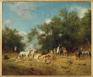 Arabische ruiters stoppen in een bos (schilderij op doek)
