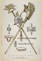Accessoires van de Gallische krijger: banier die een saglier siert, de helm en de oorlogshoorn (carnyx) - in 