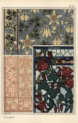 Akelei, Aquilegia vulgaris, bloem in patronen voor behang, glas-in-lood en tegels