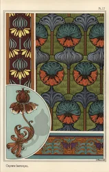 Keizerskroon, Fritillaria imperialis, in behang- en stofpatronen, en als ontwerp voor een smeedijzeren lamp