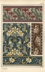 Narcis, Narcissus jonquilla, als ontwerp motief in behang en stofpatronen