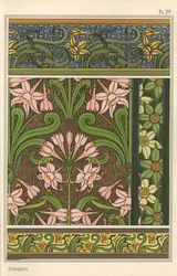 Narcis, Narcissus jonquilla, als ontwerp motief in behang en stofpatronen