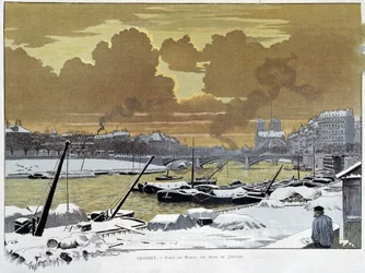Le pont de Sully, in Parijs bedekt met sneeuw, een avond in januari 1886 - door Grasset