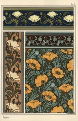 De papaver, Papaver somniferum, in behang- en stofpatronen