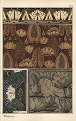 De waterlelie, Nelumbo lutea, in stof, kruissteek tapisserie en reliëfvorm patronen. Lithografie door C. G. Schlumberger