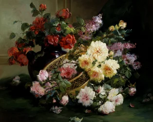 Romantische bloemen. Schilderij van Eugene Henri Cauchois (1850-1911) Privécollectie.