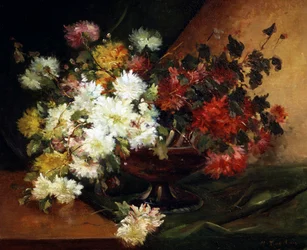 Stilleven met asters. Schilderij van Eugene Henri Cauchois (1850-1911) Privécollectie.