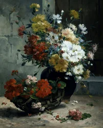 Stilleven van zomerbloemen (geraniums en madeliefjes). Schilderij van Eugene Henri Cauchois (1850-1911) Privécollectie.