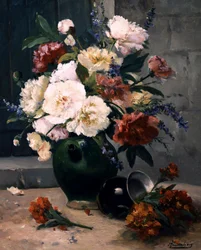 Stilleven van pioenrozen en kruidnagels. Schilderij van Eugene Henri Cauchois (1850-1911) Privécollectie.