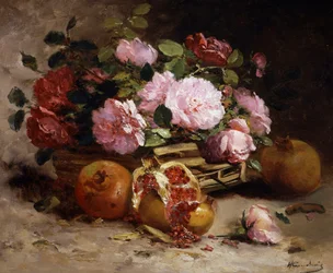 Stilleven van rozen en granaatappels. Schilderij van Eugene Henri Cauchois (1850-1911) Privécollectie.
