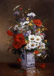 Vaas met klaprozen en margrieten. Schilderij van Eugene Henri Cauchois (1850-1911) Privécollectie.