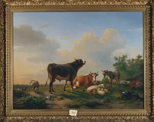Een Stier, een Koe, een Ezel, een Geit, Schapen en Pluimvee in een Uitgestrekt Landschap