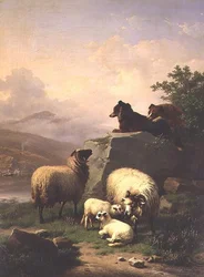 Schapen en lammeren met twee honden in een rivierlandschap