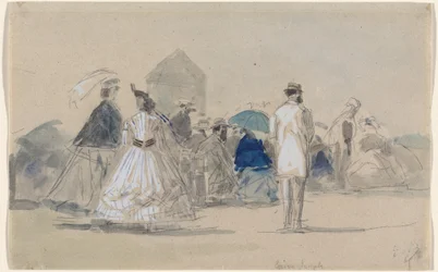 Crinolines op het strand, ca. 1865