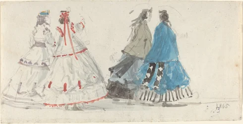 Vier dames in crinolines wandelen in Trouville
